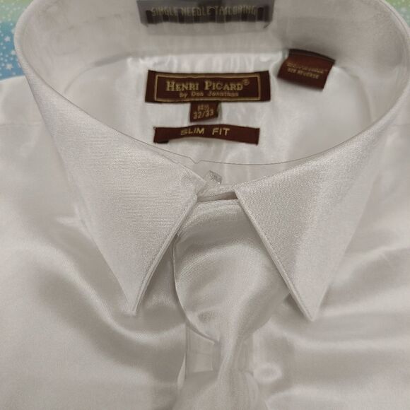 HENRI PICARD MENS WHITE SATIN COMBO SLIM FIT SHIRT. S100. - Picture 3 of 3